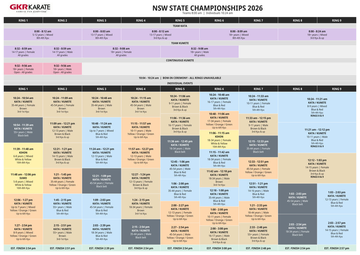 The official GKR NSW State Championships 2026 competitor timetable